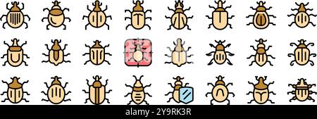 Large set of various bug icons showing different species and concepts, in a filled outline style Stock Vector