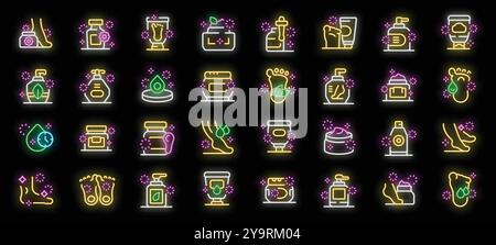 Bright glowing neon icons representing various foot care products and treatments Stock Vector