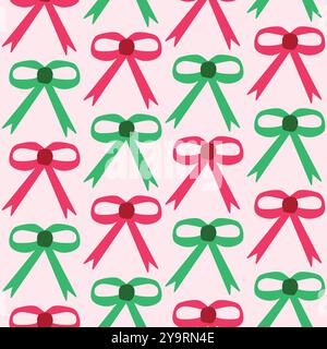 Christmas Red and Green Ribbon Bows seamless pattern. For Christmas fabric, decorations and textile Stock Vector