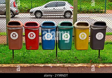 Trash cans recycle. Organic, Plastic, Paper, Glass, Metal and Non-recyclable Stock Photo