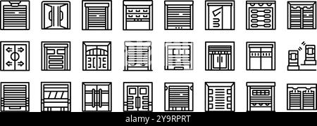 Shop entrance gate icons set. This set of icons presents a diverse range of garage doors, showcasing various styles and designs for residential and commercial buildings Stock Vector