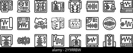 Seismograph icons set. This set of icons shows polygraph tests being administered and the results being analyzed Stock Vector