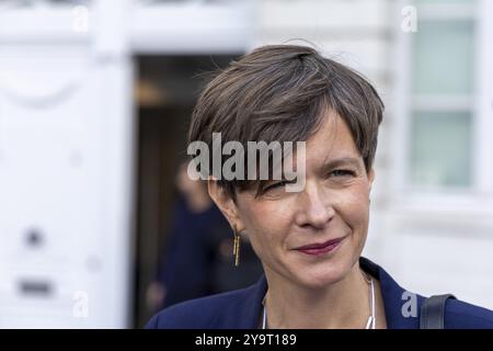 Brussels on Friday 11 October 2024. Brussels, Belgium. 11th Oct, 2024. Flemish Minister for Brussels and Media Cieltje Van Achter pictured during a protest action of Voka, Flanders' Chamber of Commerce and Industry, ahead of the first Minister's council meeting of the new Flemish Government, in Brussels on Friday 11 October 2024. BELGA PHOTO NICOLAS MAETERLINCK Credit: Belga News Agency/Alamy Live News Stock Photo