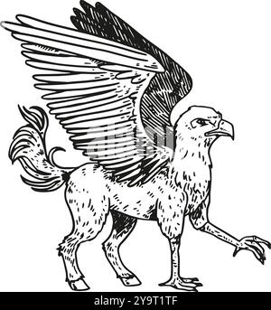 Gryphon - hand drawn illustration of mythological beast in black and white Stock Photo