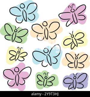 Butterfly insect icons set. Doodle sketch style. Outline set of butterfly with simple colored background. For cards, logo, decorations, invitations, w Stock Vector