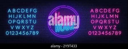 Happy Hour neon sign on dark background. Stock Vector