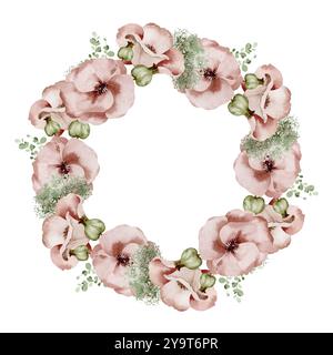 Watercolor Floral Wreath with wildflowers and red Poppys Stock Photo