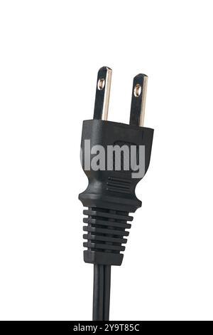 close-up of two flat parallel pins mains plug isolated white background, no earth or grounding pin, used for devices that draw low current Stock Photo