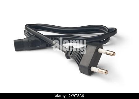 black wire cord with two round pins power plug or europlug isolated white background, side view of electrical cable used in low power devices Stock Photo