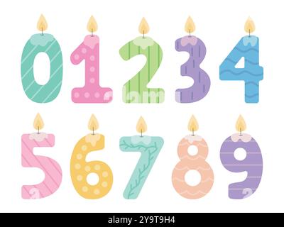 Set of burning number shaped candles Stock Vector