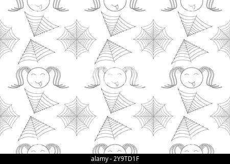 Fun and spooky Halloween coloring page with spider webs and cute faces, perfect for kids and holiday-themed art projects. Stock Vector