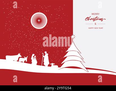 Greeting card or banner Merry Christmas and Happy New Year. Minimalist style. Silhouettes of Jesus Christ, Mary, Joseph and animals on a white and red Stock Vector