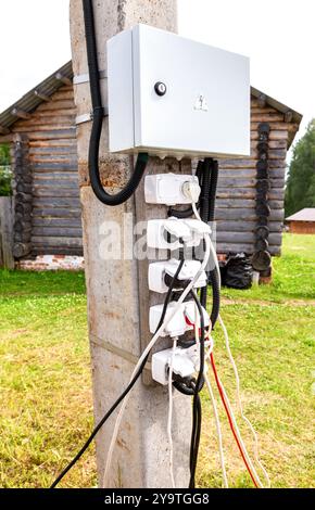 Sockets, outlets and cutout uncover connected powerlines. Risk short circuit, very dangerous. Unsafe workplace Stock Photo