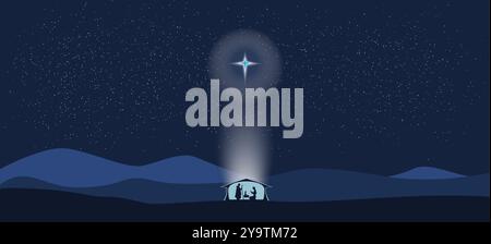 Star shines over manger of Jesus Christ. Vector illustration for banner. Christmas design with Jesus, Mary, Joseph, star, manger on a blue background. Stock Vector