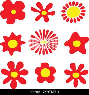 Abstract minimalist flowers icon set. Modern abstract graphic design elements. Doodle style, simple color red and yellow Stock Vector