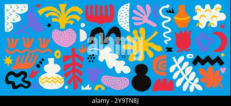 Abstract set of various shapes, figures and freeform blobs, hand drawn colorful crayon illustration. Modern trendy vector sticker set of various Stock Vector