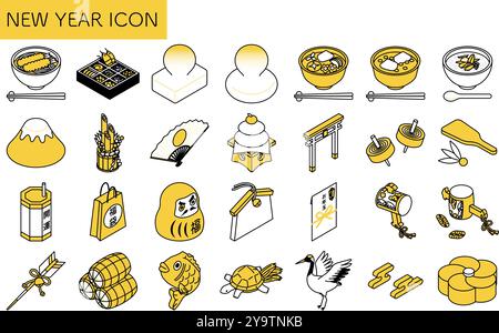 Japanese New Year, isometric line drawing icon - Translation: Good luck, Lucky bag, Fortune, New Year's gift Stock Vector