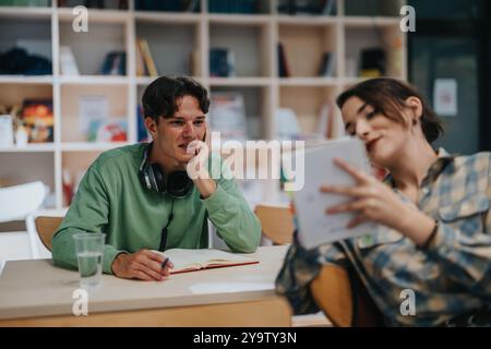 Students engaged in a cozy classroom setting discussing assignments Stock Photo