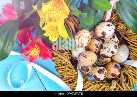 Happy Easter. Congratulatory easter background. Easter eggs and flowers. copy space Stock Photo