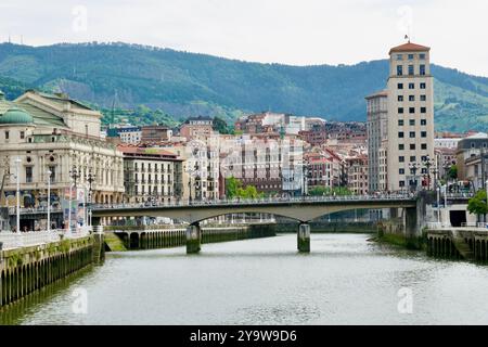 Reinforced concrete Arenal Bridge over the River Nervion built in 1938 and originally named Victory Bridge Bilbao Basque Country Euskadi Spain Stock Photo