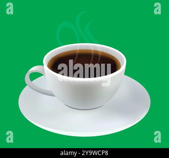 high-quality image features a white porcelain cup filled with dark coffee isolated on a green background for easy compositing. Stock Vector
