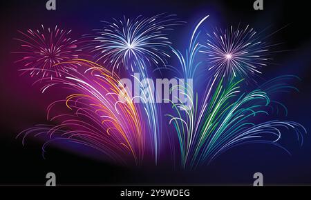 Multicolored fireworks lighting up the night sky. Perfect for celebrations, festivals, and special event designs. Stock Vector