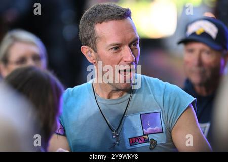 Chris Martin of Coldplay performs on NBC's 'Today' at Rockefeller Plaza on October 08, 2024 in New York City. Stock Photo