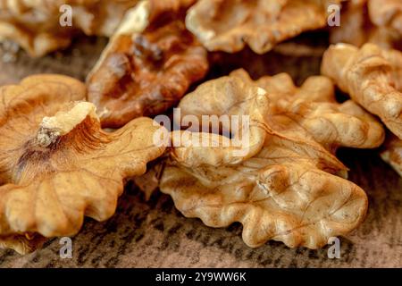Peeled walnuts pile close up. Macro photo. Stock Photo
