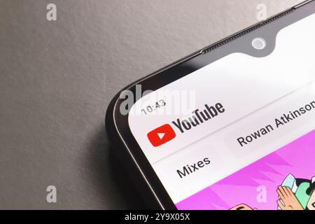 October 11, 2024, Brazil. In this photo illustration, the YouTube app logo is displayed on a smartphone screen Stock Photo