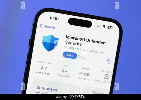 Ostersund, Sweden - Oct 9, 2024. Microsoft Defender app on a smartphone. Microsoft Defender Antivirus is an antivirus software component of Microsoft. Stock Photo