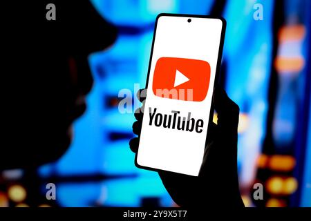 August 31, 2024, Paraguay. In this photo illustration, the YouTube logo is displayed on a smartphone screen Stock Photo