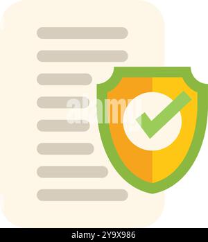 Green shield with a check mark is hovering over an important document, representing data protection and secure storage Stock Vector