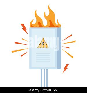 The electrical panel caught on fire. Damaged Switchboard. Danger situation. High voltage. Vector illustration Stock Vector
