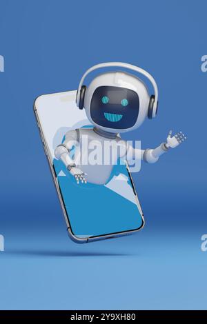 Cute robot coming out of a mobile phone screen isolated on blue background. 3d illustration. Stock Photo
