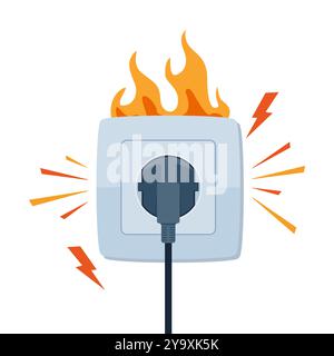 Socket and plug on fire from overload. Electrical safety concept. Short circuit electrical circuit. Vector illustration Stock Vector