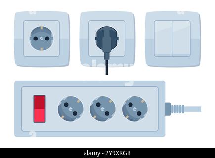 Vector realistic white switch and power socket for European type of electric equipment. Socket Extension cord. Electric Power outlet plug. Power strip Stock Vector