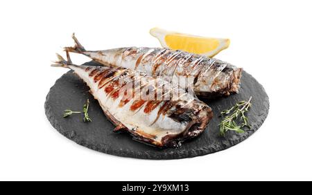 Delicious grilled mackerel, thyme and lemon isolated on white Stock Photo