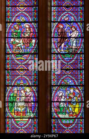 France, Meurthe et Moselle, Toul, Saint Etienne cathedral built between the 13th and the 16th centuries in flamboyant gothic style, detail of the stained glass windows of the choir made in 1863 by Casimir de Balthazar de Gacheo representing episodes of the life of Jesus Christ, bottom left, the presentation to the Temple, bottom right the Adoration of the Magi, top left, the Fly to Egypt, top right the Baptism of Jesus Stock Photo