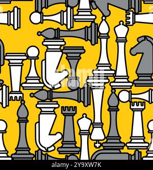 Chess pattern seamless. Chess pieces background. Pawn and rook chess pieces background. Symbol Horse and bishop background. Icon king and queen textur Stock Vector