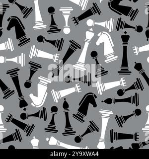 Chess pattern seamless. Chess pieces background. Pawn and rook chess pieces background. Symbol Horse and bishop background. Icon king and queen textur Stock Vector