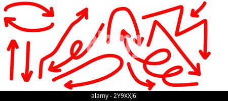 Collection of hand-drawn red arrows pointing in various directions, ideal for enhancing your projects Stock Photo