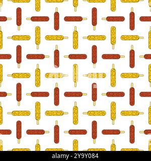 Corn dog pattern seamless. Korean street fast food background Stock Vector