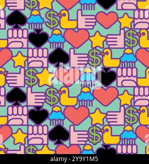 Graffiti style pattern seamless. Duck, heart and fist secret symbols of the era background Stock Vector