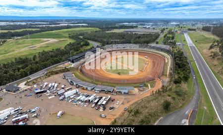 Drone aerial photograph of the Sydney International Speedway located in Eastern Creek in the western Sydney Region of New South Wales, Australia. Stock Photo