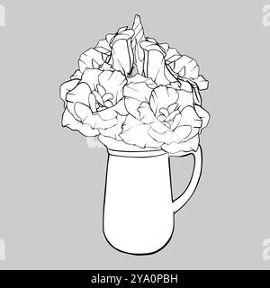 Linear illustration bouquet of flowers in a jug. Hand drawn Contour Sketch Flowers graphic. Vintage engraving blooming Eustoma on isolated background Stock Vector