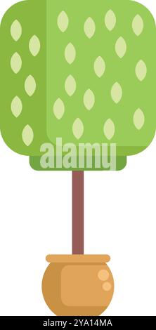 Minimalist illustration featuring a stylized tree with a square shaped crown, planted in a simple clay pot, evoking themes of nature and home decor Stock Vector