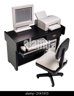 Wooden Office Desk with drawers with a computer and a printer Stock Photo