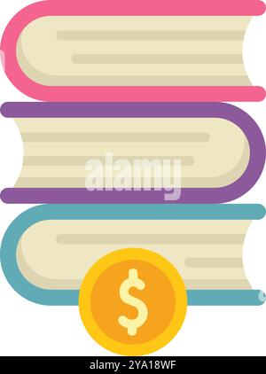 Stack of colorful books is shown with a dollar sign underneath, representing the cost of education Stock Vector