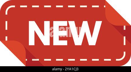 Red rectangular sticker announcing new product, with curled corner and drop shadow on white background Stock Vector