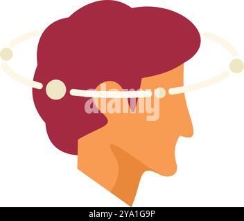 Profile of man with satellites orbiting head depicting concept of thinking Stock Vector